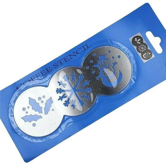 Coffee Stencil Winter 3 Designs Snowman‎ Snowflake Holly Christmas Barista Metal - Picture 1 of 2